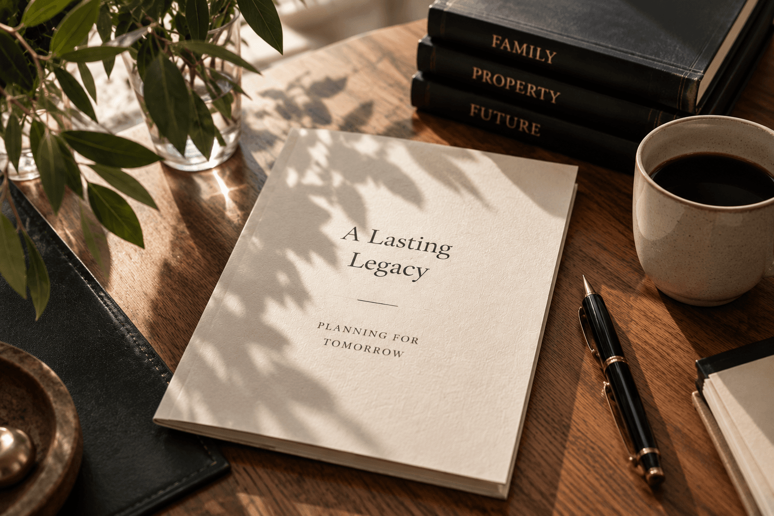 An estate planning folder open on a desk in late afternoon light