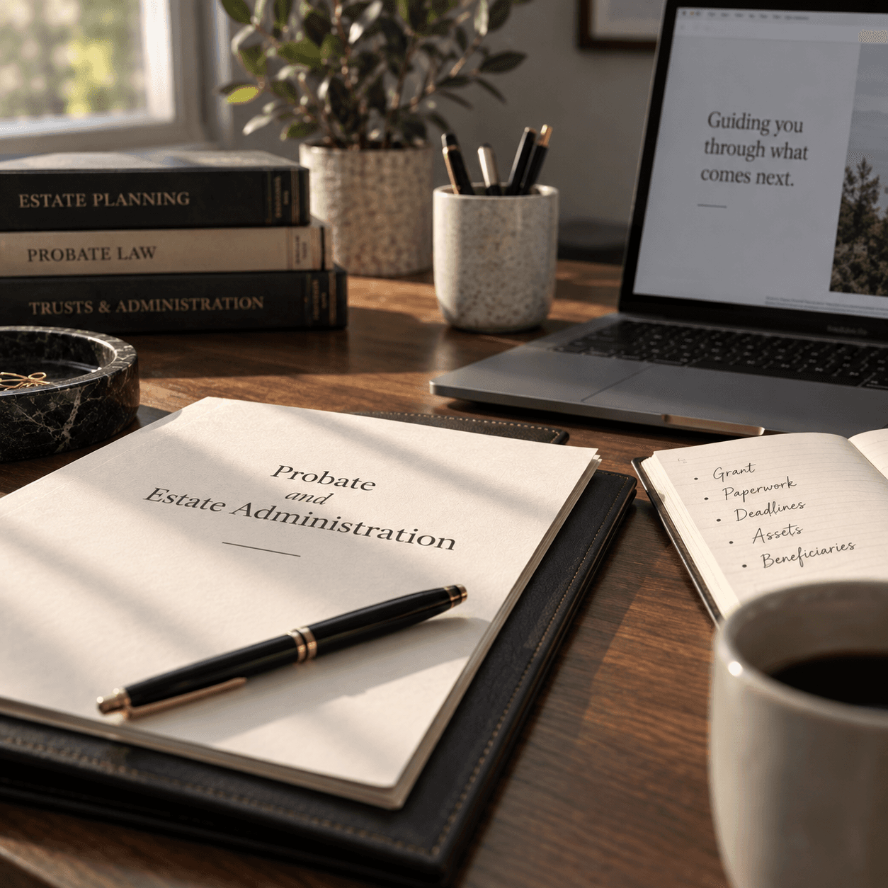 A probate and estate administration folder open on a solicitor’s desk